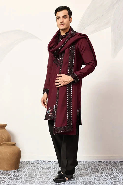 Vibrant Maroon Festive Kurta with Dupatta Set for Groom's Tribe