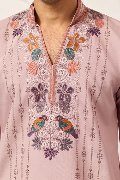 Classic Pink Embroidered V Neck Kurta Pant Outfit for Mens Wear