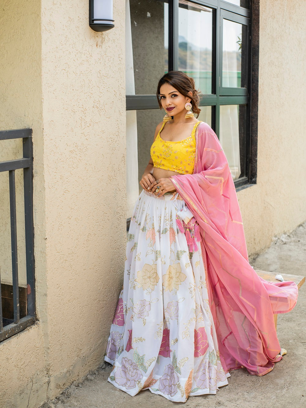 White And Pink Color Embroidery Work Lehenga Choli With Georgette Dupatta