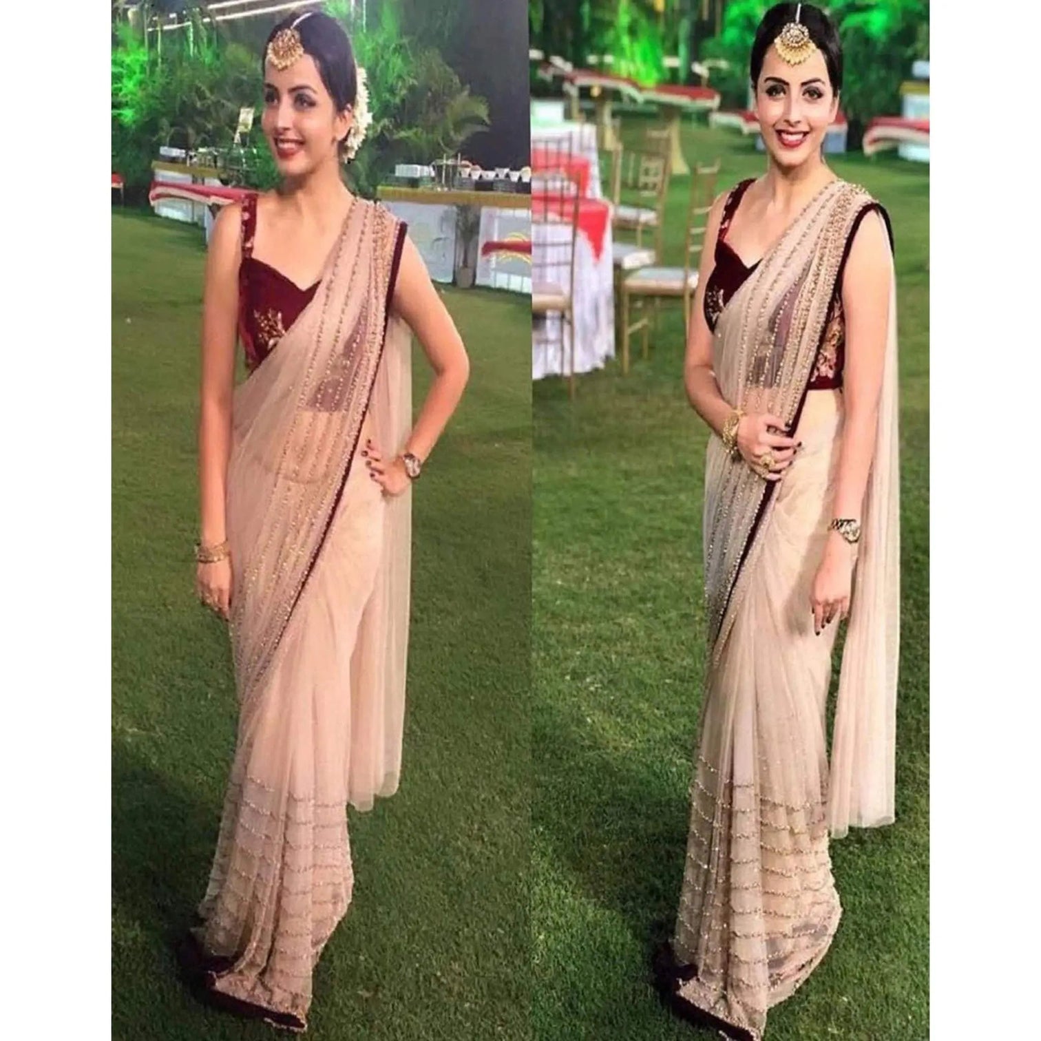 Energetic Beige Color Designer Party Wear Fancy Thread Work Party Wear Sarees