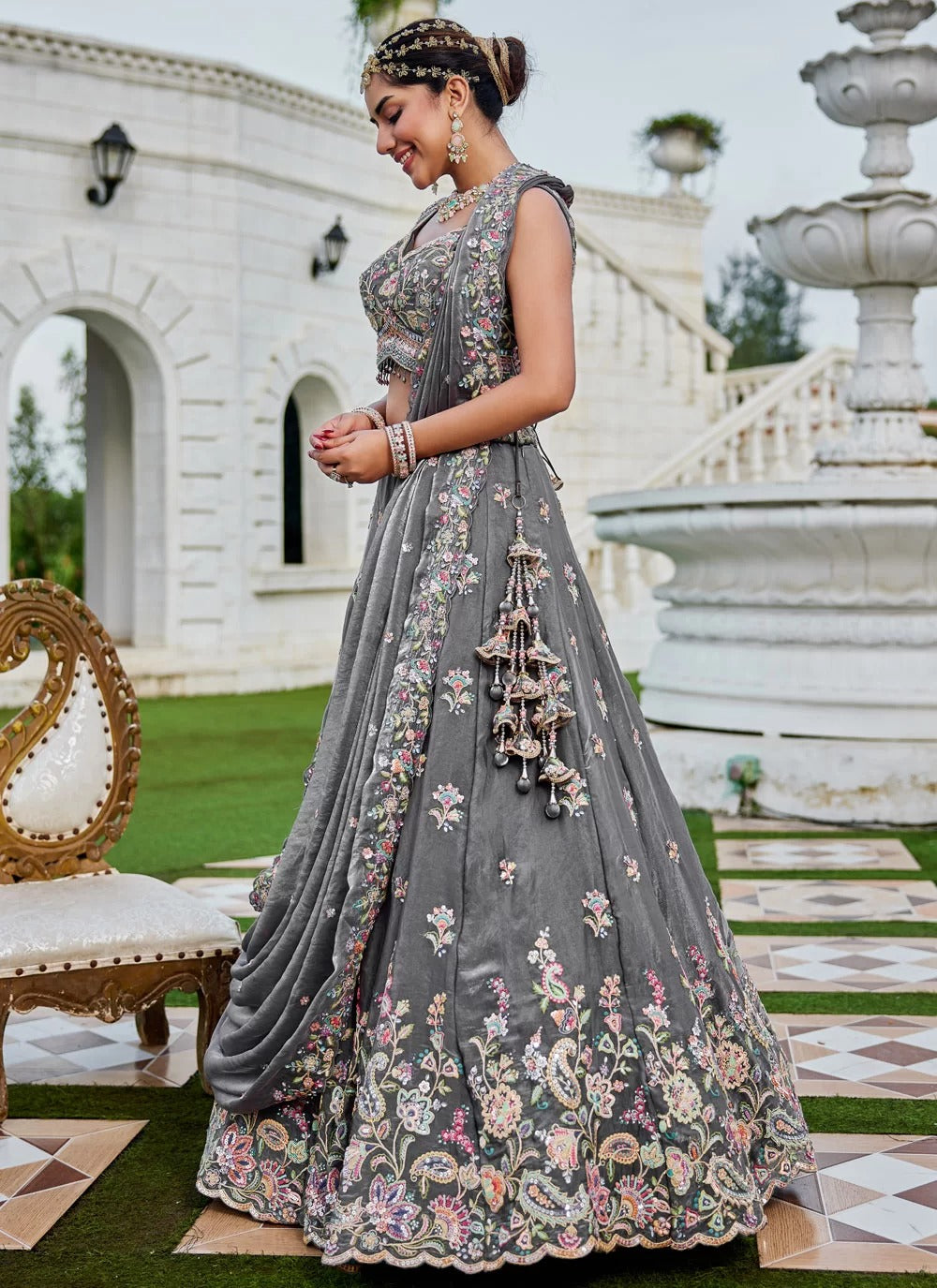 Dazzling grey tissue sequin work wedding wear lehenga choli