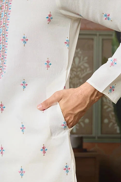 Ethnic White Embroidered Koti Kurta Set for Men