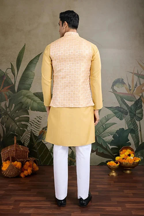 Yellow Roman Silk Kurta with Jacquard Koti Elegant Ethnic Wear