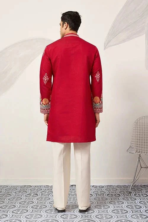 Unique Style Red Color Embroidered Kurta for Mens Wear