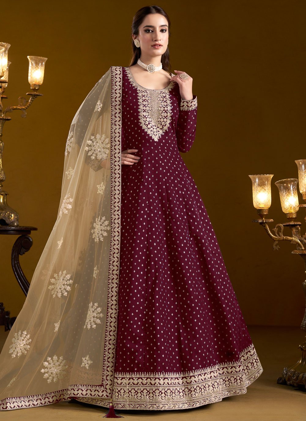 Burgundy chanderi anarkali suit for parties