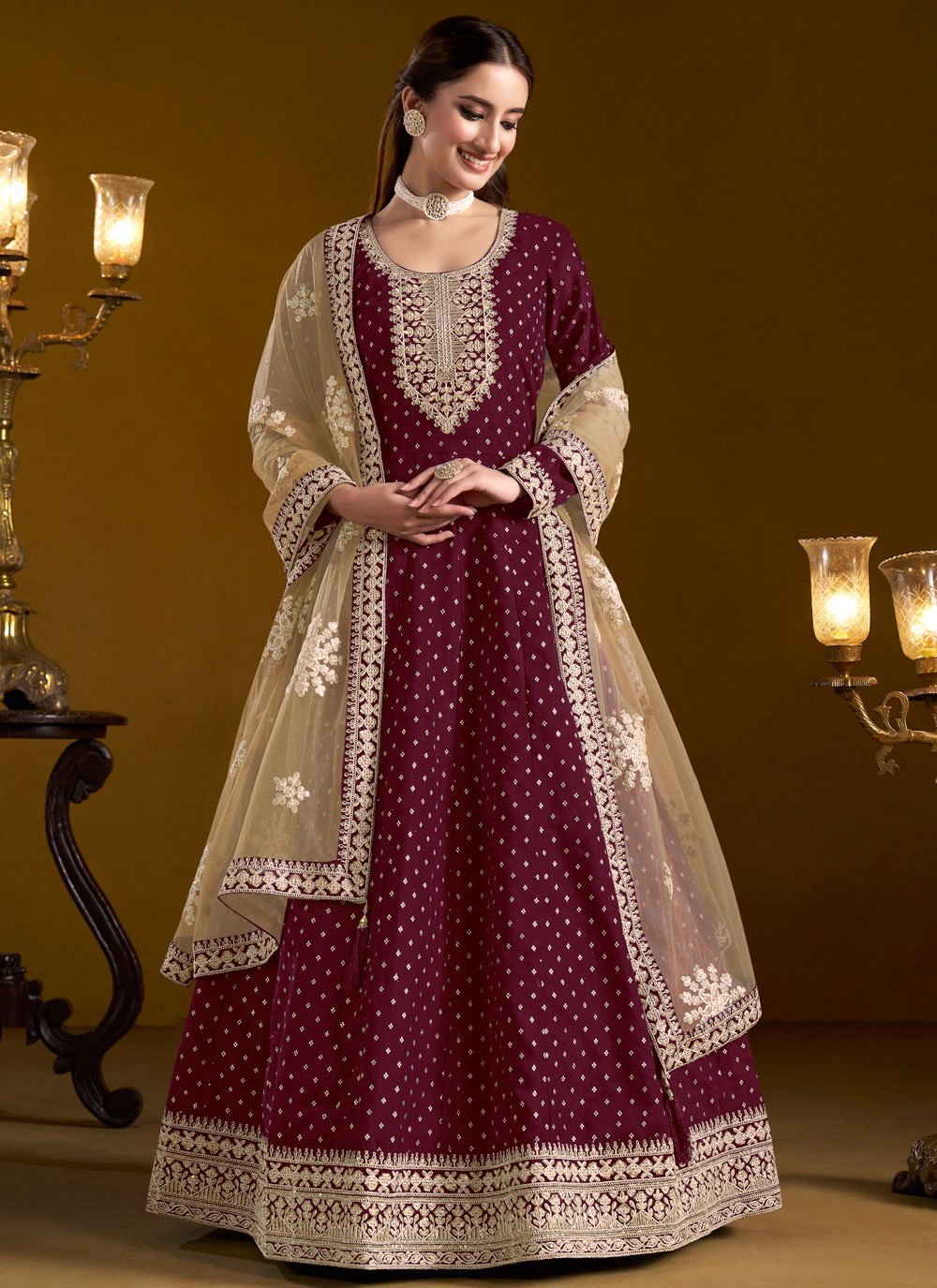 Burgundy chanderi anarkali suit for parties