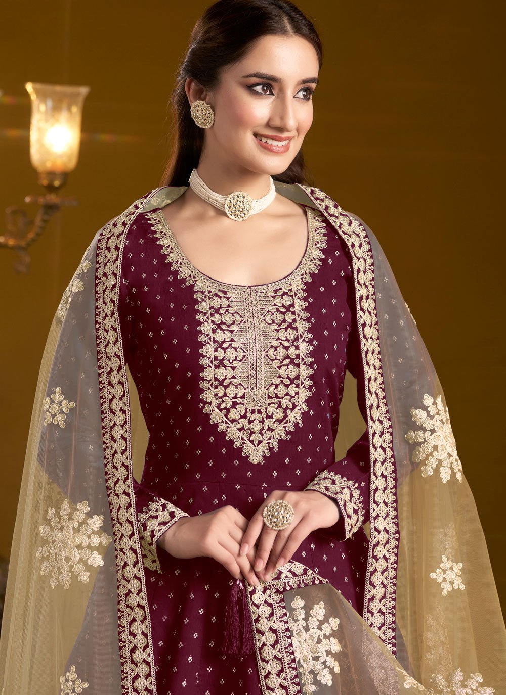 Burgundy chanderi anarkali suit for parties