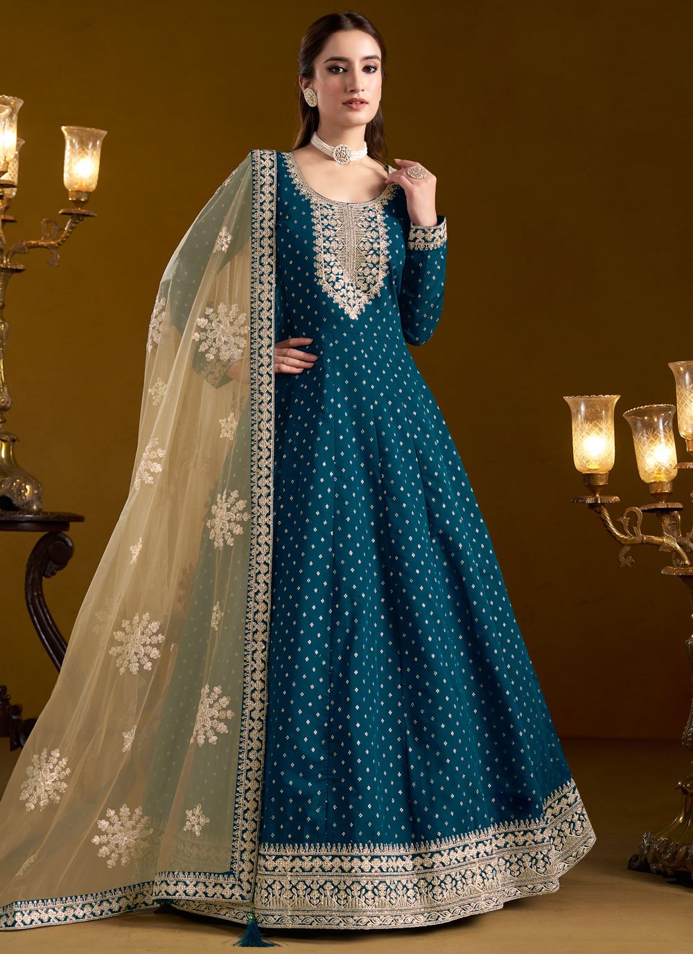Morpeach chanderi anarkali suit with dupatta