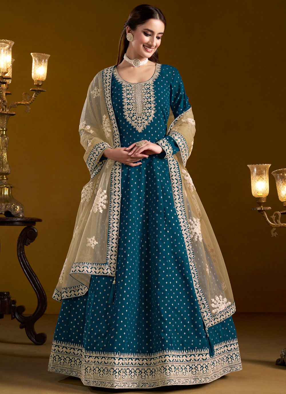 Morpeach chanderi anarkali suit with dupatta