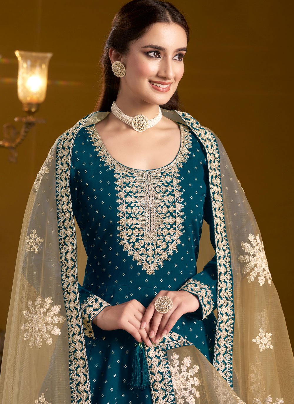 Morpeach chanderi anarkali suit with dupatta