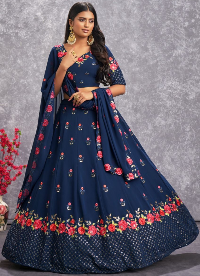 Excellent Thread Embroidered Georgette Navy Blue Lehenga Choli