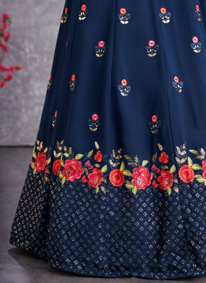 Excellent Thread Embroidered Georgette Navy Blue Lehenga Choli