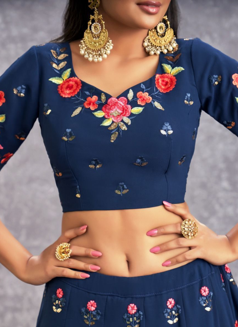 Excellent Thread Embroidered Georgette Navy Blue Lehenga Choli