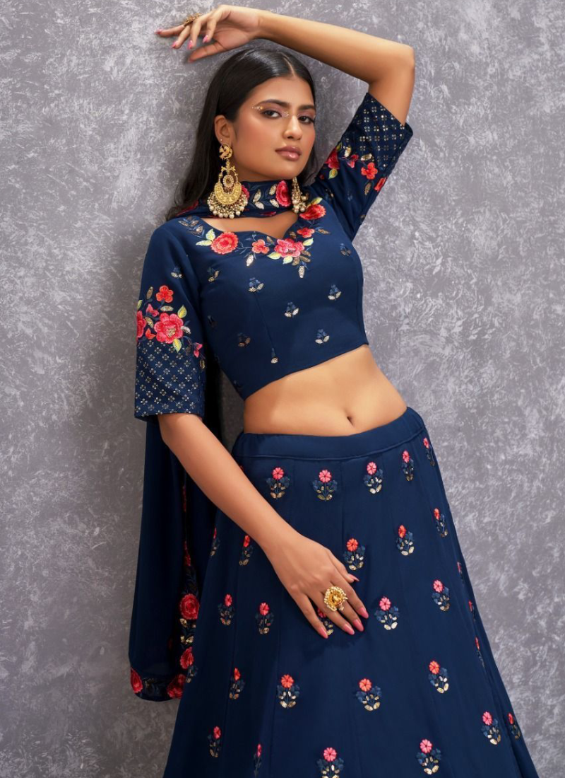 Excellent Thread Embroidered Georgette Navy Blue Lehenga Choli