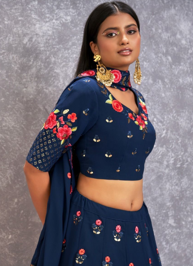 Excellent Thread Embroidered Georgette Navy Blue Lehenga Choli
