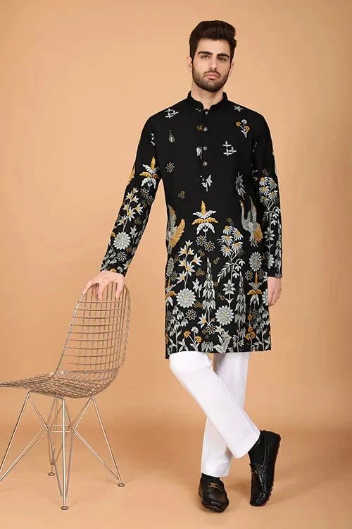 Black Designer Viscose Rayon Men's Kurta