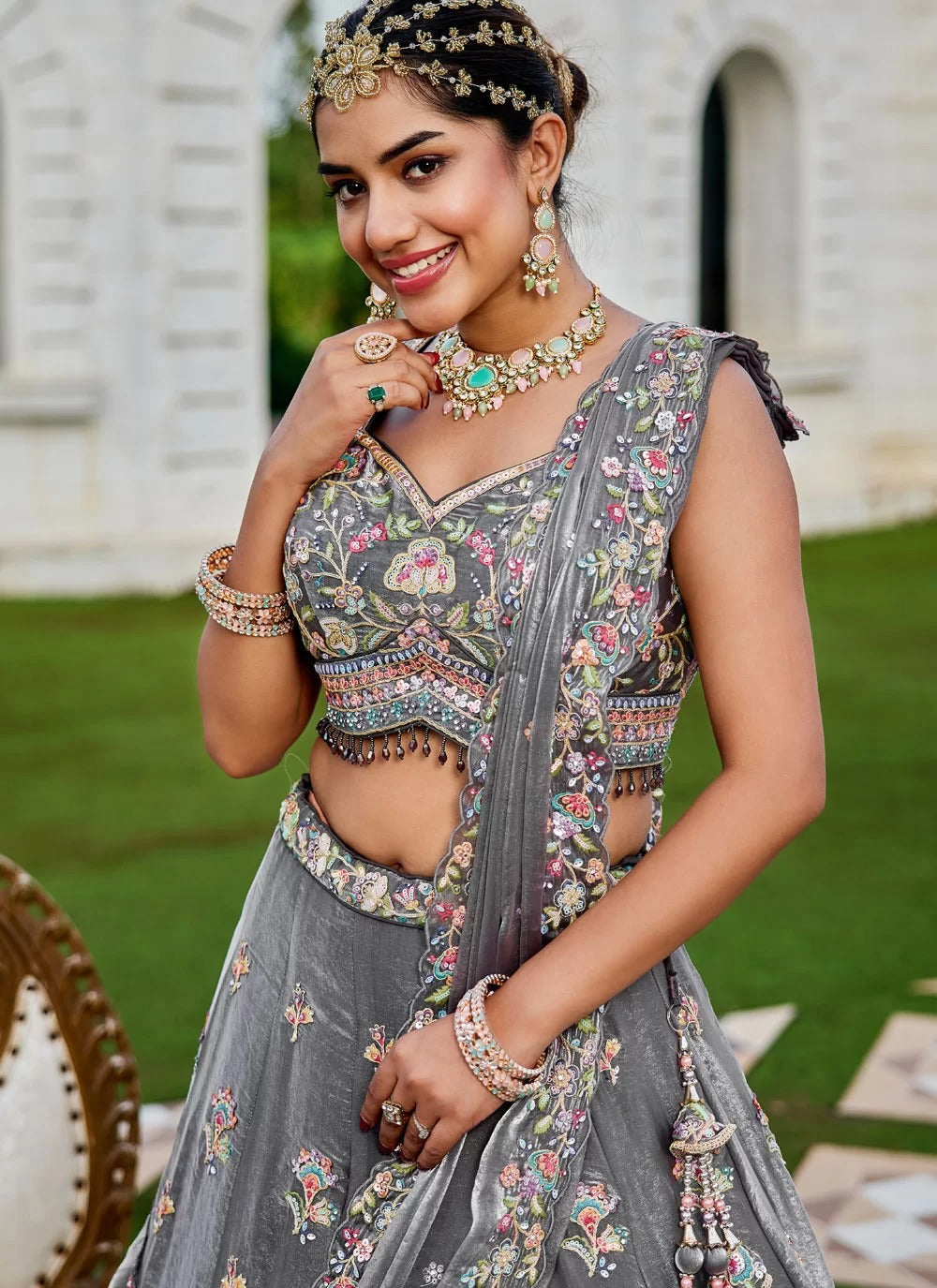 Dazzling grey tissue sequin work wedding wear lehenga choli