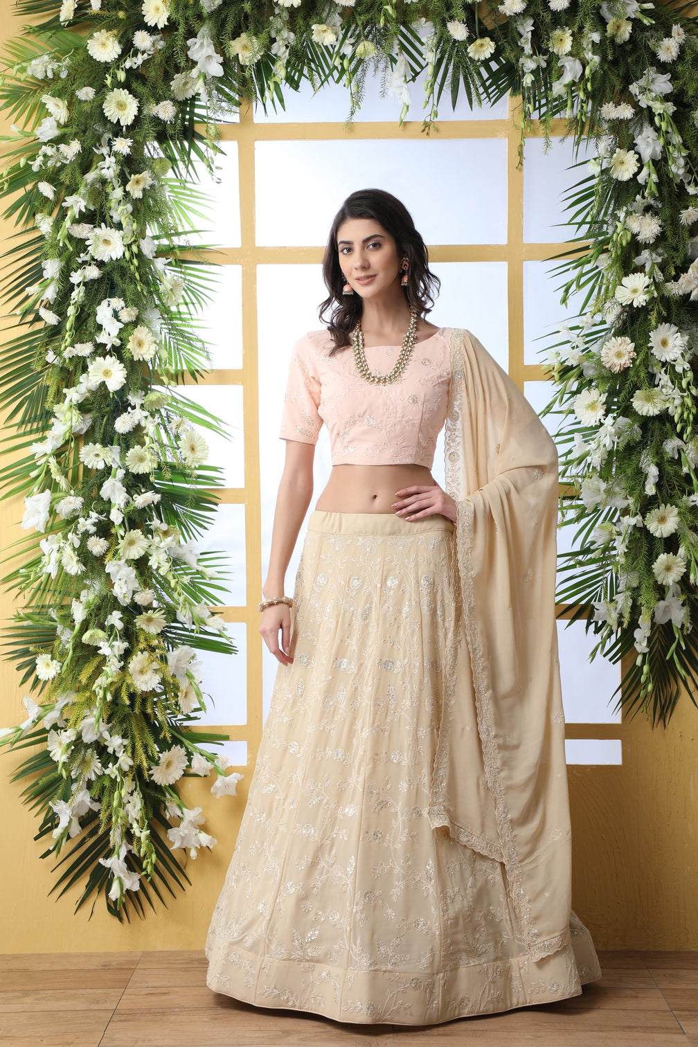 Exclusive Beige Georgette Lehenga Choli - Chain Stitch And Sequence Work With Heavy Georgette Dupatta For Women