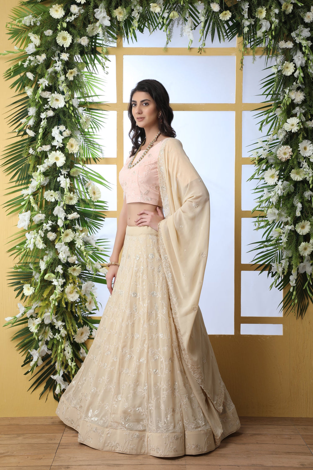 Exclusive Beige Georgette Lehenga Choli - Chain Stitch And Sequence Work With Heavy Georgette Dupatta For Women