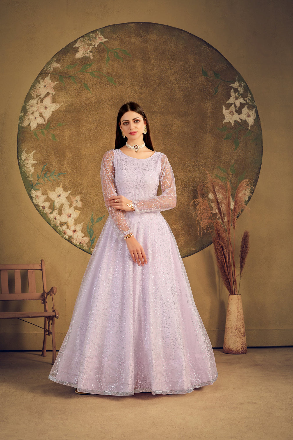 Exclusive Dress Designer Gown For Women Floral Bride Gown Indian Wedding Reception Gown Indian Suit Floral Anarkali Violet Gown