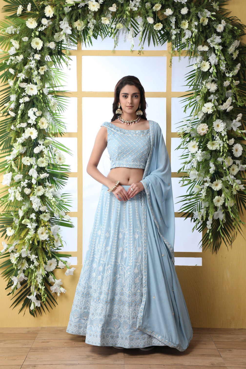 Exclusive Sky Blue Georgette Lehenga Choli - Chain Stitch And Sequence Work With Heavy Georgette Dupatta For Women