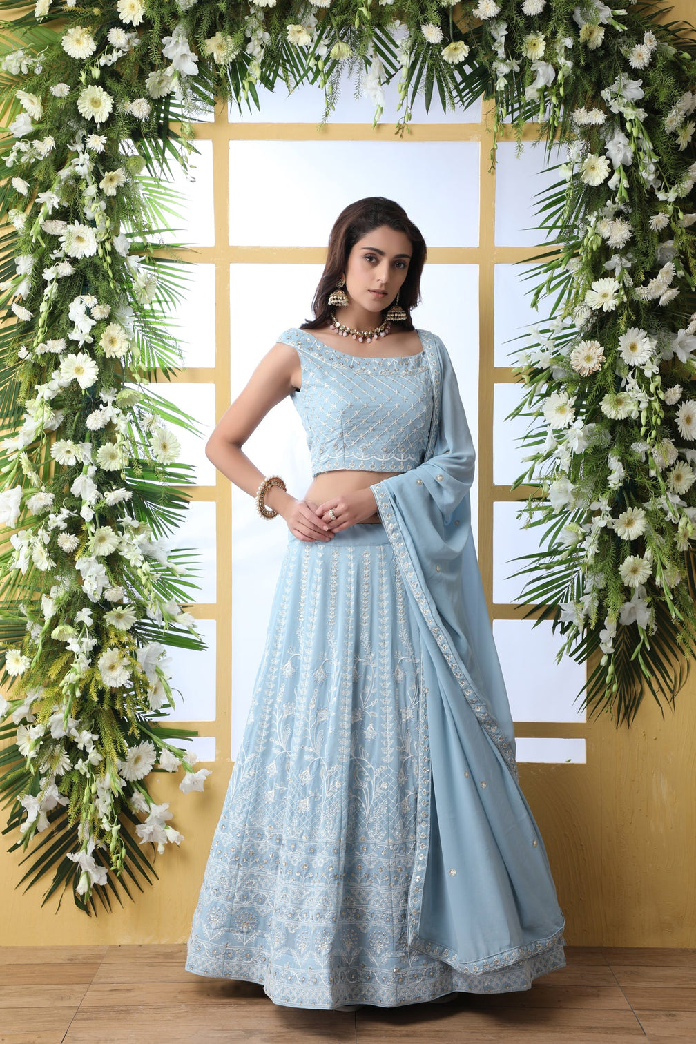 Exclusive Sky Blue Georgette Lehenga Choli - Chain Stitch And Sequence Work With Heavy Georgette Dupatta For Women