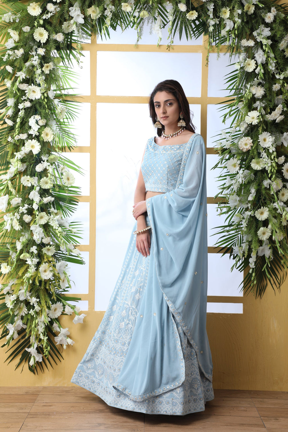 Exclusive Sky Blue Georgette Lehenga Choli - Chain Stitch And Sequence Work With Heavy Georgette Dupatta For Women