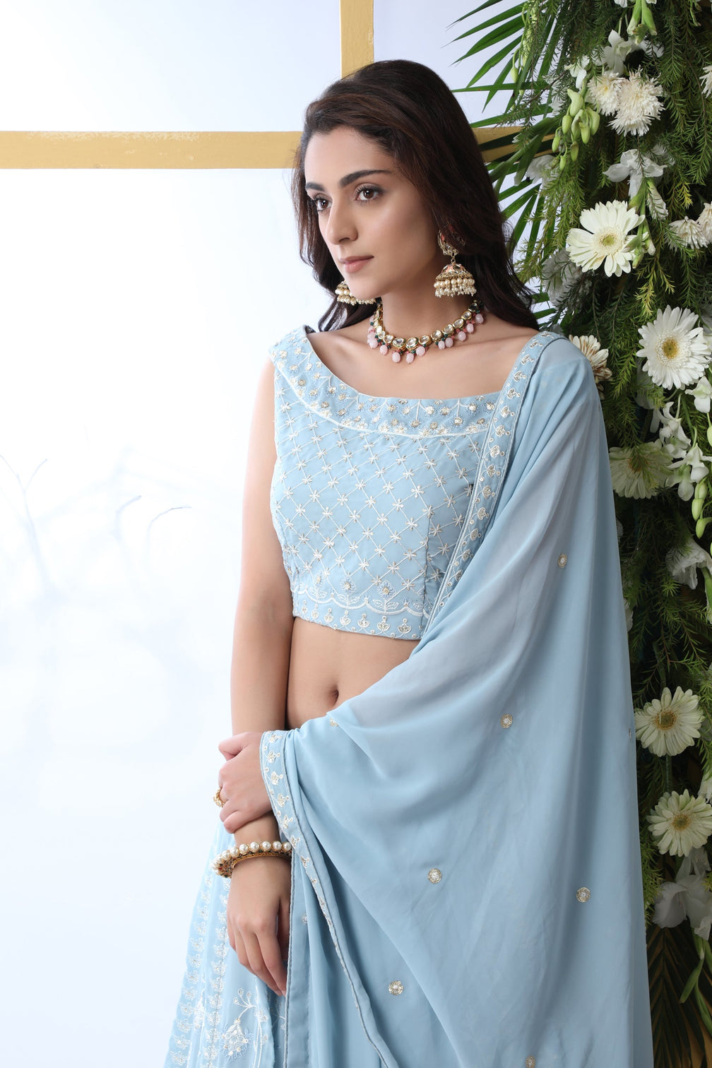 Exclusive Sky Blue Georgette Lehenga Choli - Chain Stitch And Sequence Work With Heavy Georgette Dupatta For Women