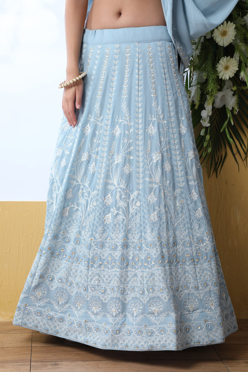 Exclusive Sky Blue Georgette Lehenga Choli - Chain Stitch And Sequence Work With Heavy Georgette Dupatta For Women