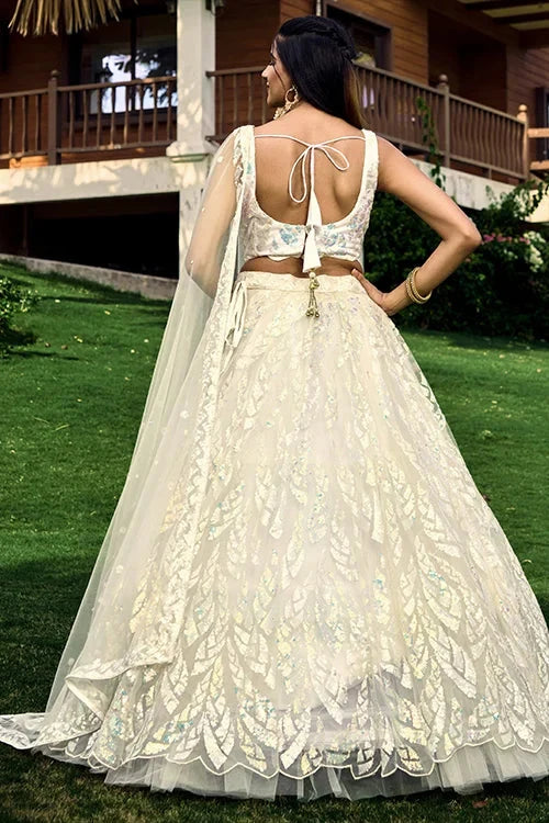 Exclusive White Thread With Multiple Sequins Embroidered Work Lehenga Choli
