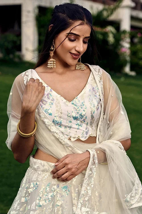 Exclusive White Thread With Multiple Sequins Embroidered Work Lehenga Choli