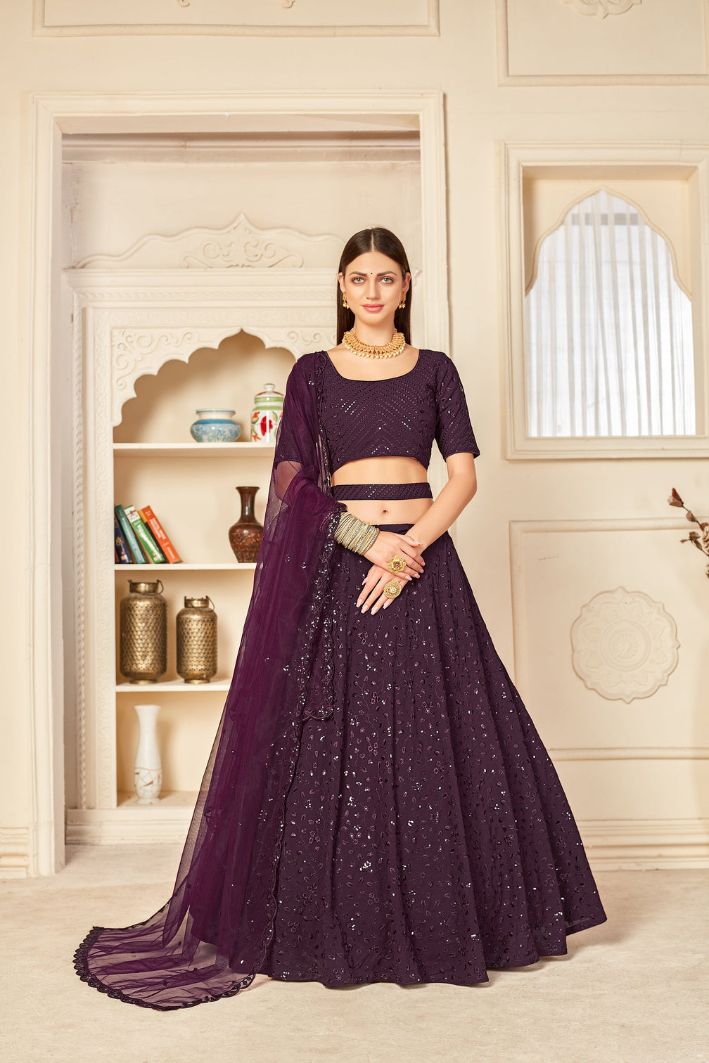 Eye-Catching Purple Thread And Sequins Embroidered Georgette Wedding Lehenga