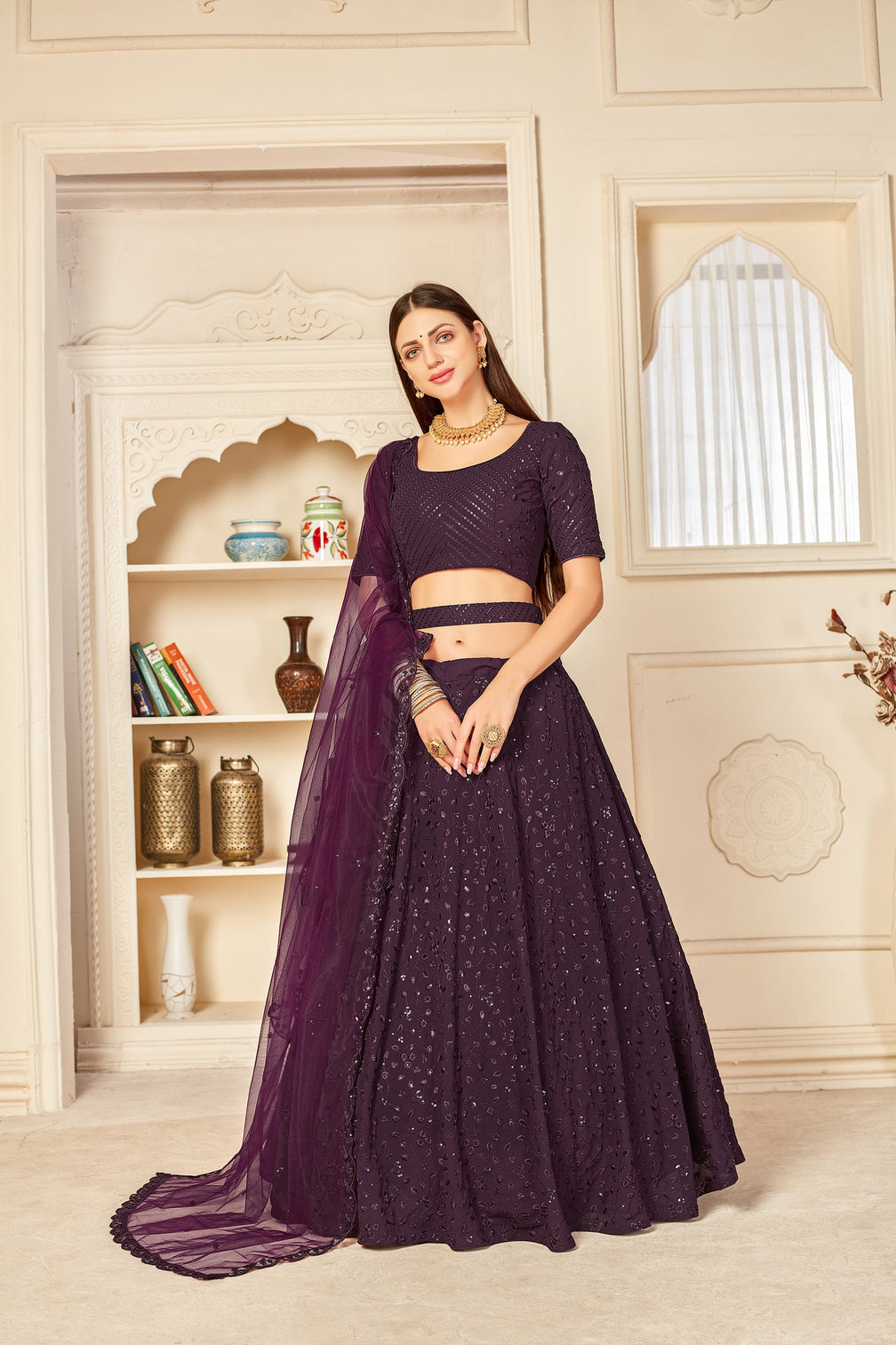 Eye-Catching Purple Thread And Sequins Embroidered Georgette Wedding Lehenga