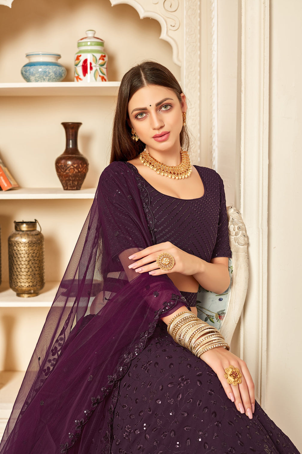 Eye-Catching Purple Thread And Sequins Embroidered Georgette Wedding Lehenga