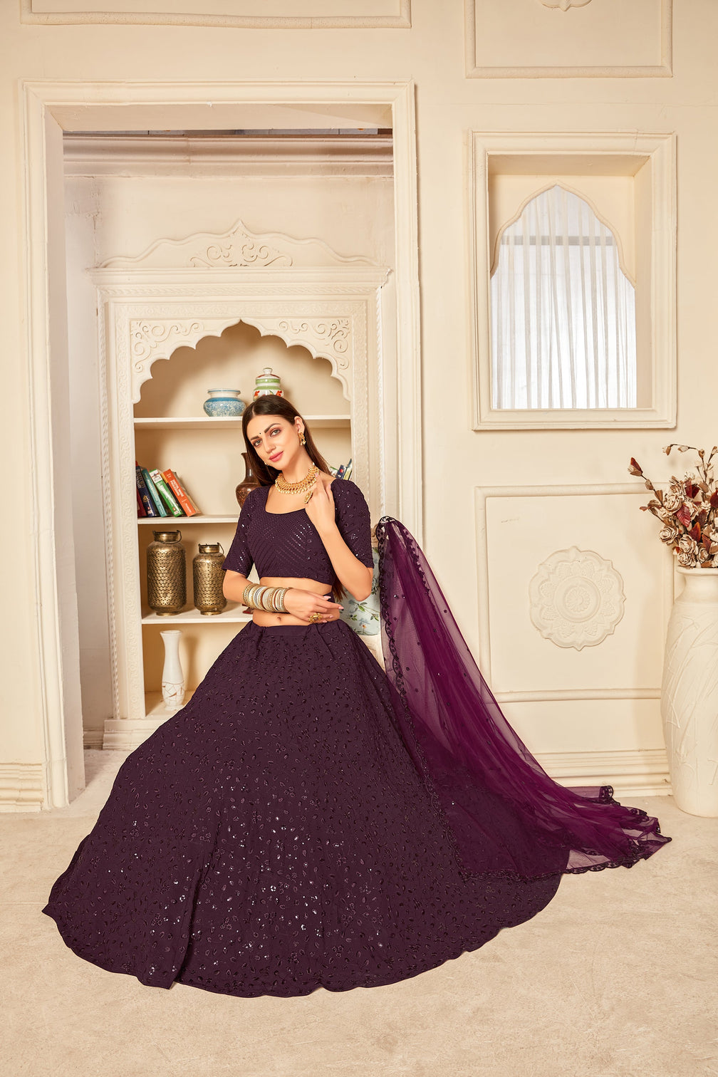 Eye-Catching Purple Thread And Sequins Embroidered Georgette Wedding Lehenga