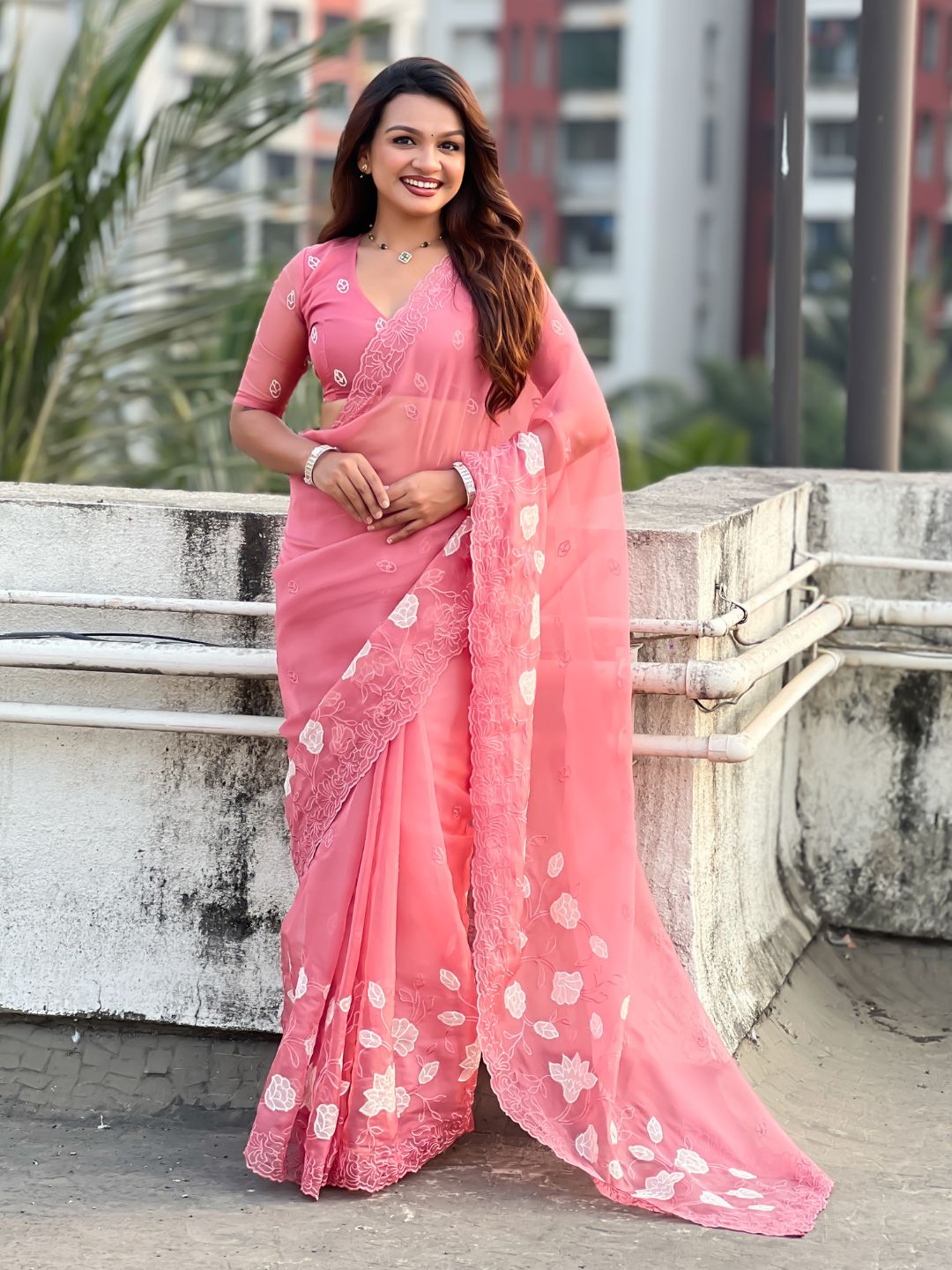 Pure Chanda Kora Silk Saree with Floral Embroidered Buttis And Applique Cutwork Border