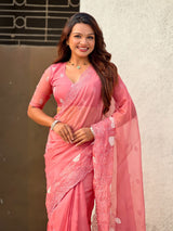 Pure Chanda Kora Silk Saree with Floral Embroidered Buttis And Applique Cutwork Border