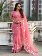 Pure Chanda Kora Silk Saree with Floral Embroidered Buttis And Applique Cutwork Border