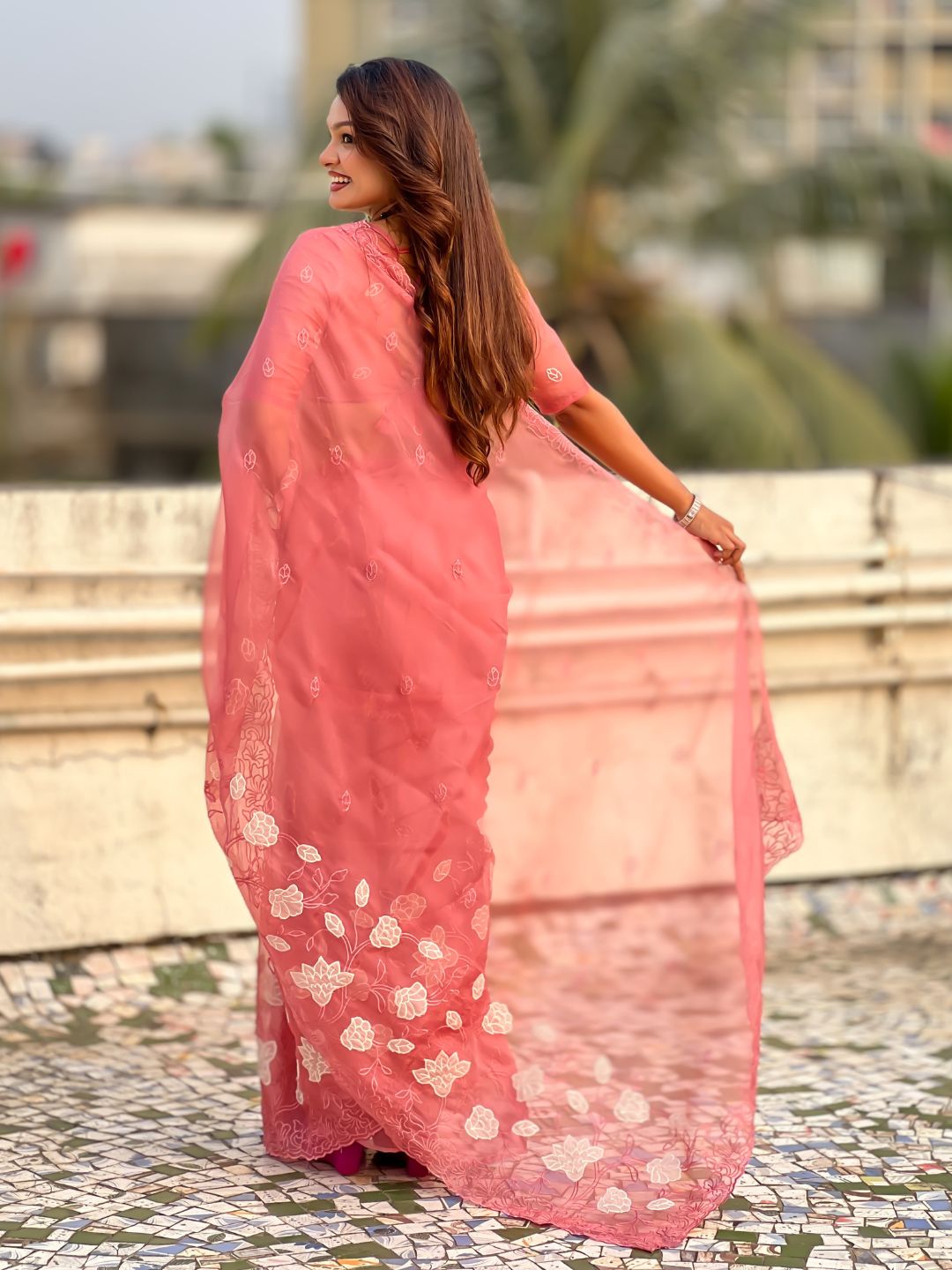 Pure Chanda Kora Silk Saree with Floral Embroidered Buttis And Applique Cutwork Border