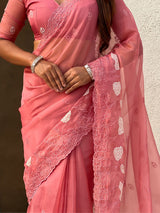 Pure Chanda Kora Silk Saree with Floral Embroidered Buttis And Applique Cutwork Border