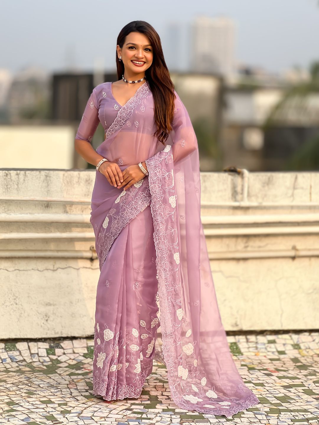 Pure Chanda Kora Silk Saree with Floral Embroidered Buttis And Applique Cutwork Border