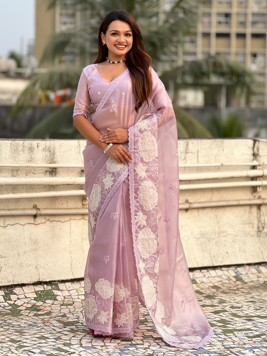 Pure Oris Silk Saree with Lotus Embroidery And Cutwork Border  Designer Silk Saree for Wedding And Festive Wear