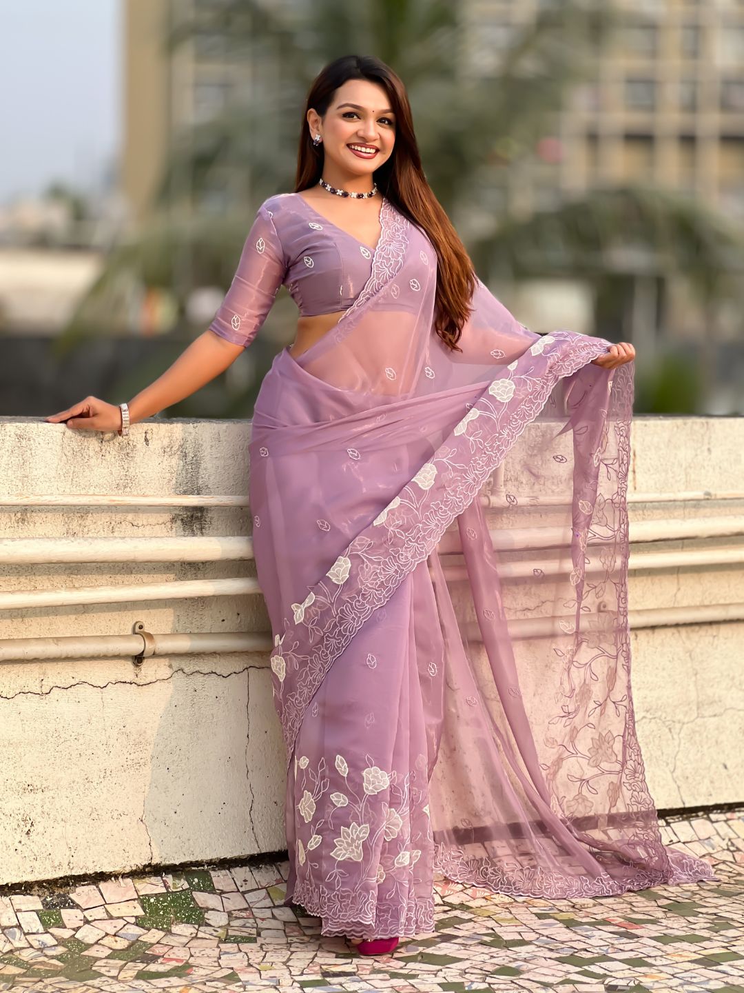 Pure Chanda Kora Silk Saree with Floral Embroidered Buttis And Applique Cutwork Border