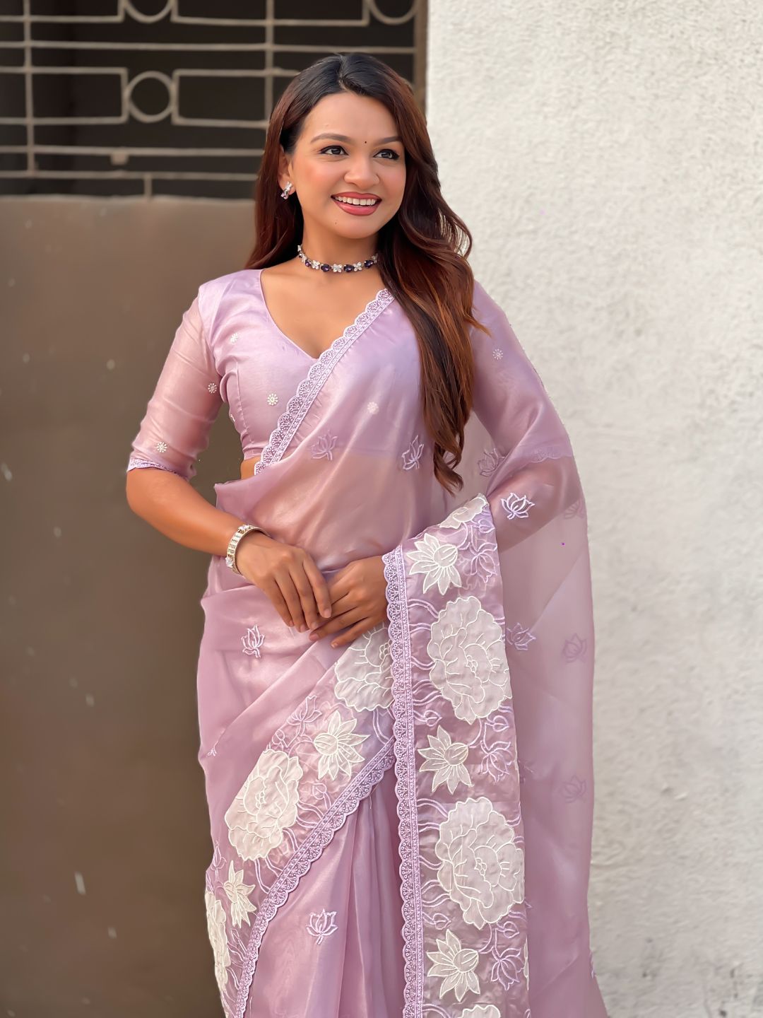 Pure Oris Silk Saree with Lotus Embroidery And Cutwork Border  Designer Silk Saree for Wedding And Festive Wear