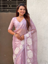 Pure Oris Silk Saree with Lotus Embroidery And Cutwork Border  Designer Silk Saree for Wedding And Festive Wear