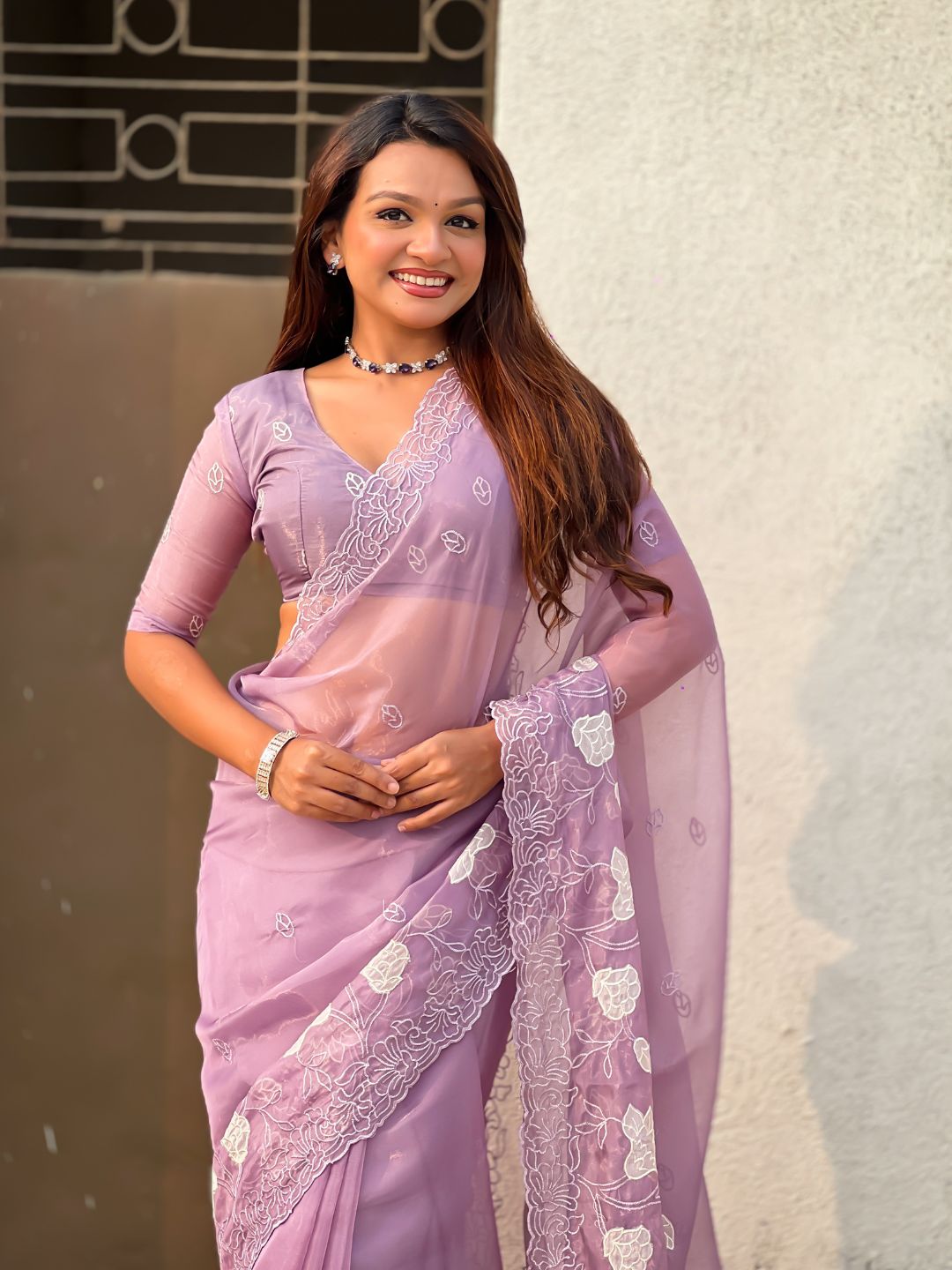 Pure Chanda Kora Silk Saree with Floral Embroidered Buttis And Applique Cutwork Border