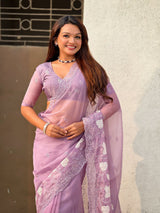 Pure Chanda Kora Silk Saree with Floral Embroidered Buttis And Applique Cutwork Border