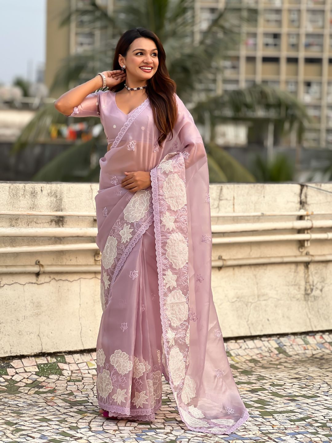 Pure Oris Silk Saree with Lotus Embroidery And Cutwork Border  Designer Silk Saree for Wedding And Festive Wear