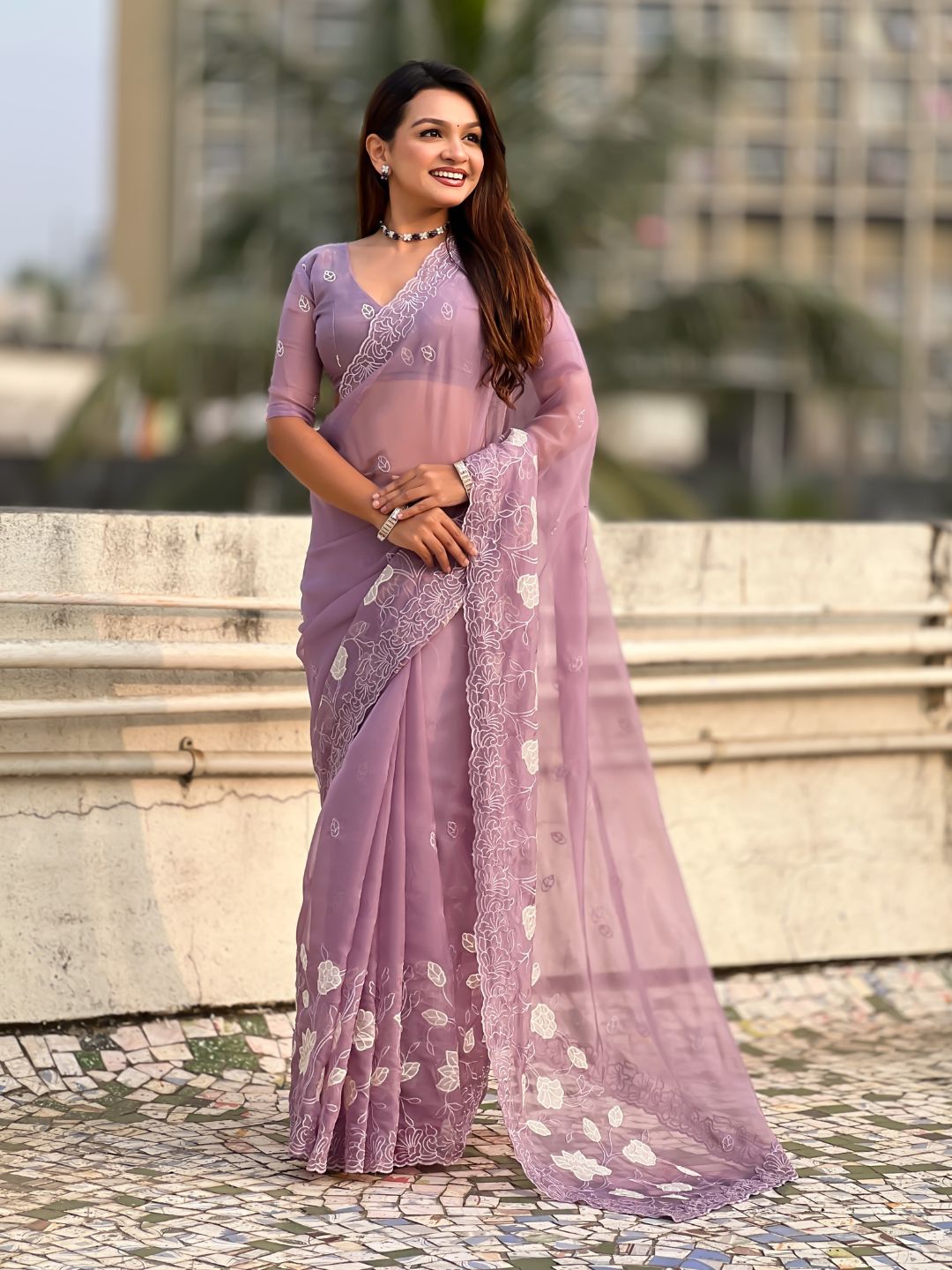 Pure Chanda Kora Silk Saree with Floral Embroidered Buttis And Applique Cutwork Border