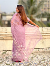 Pure Chanda Kora Silk Saree with Floral Embroidered Buttis And Applique Cutwork Border
